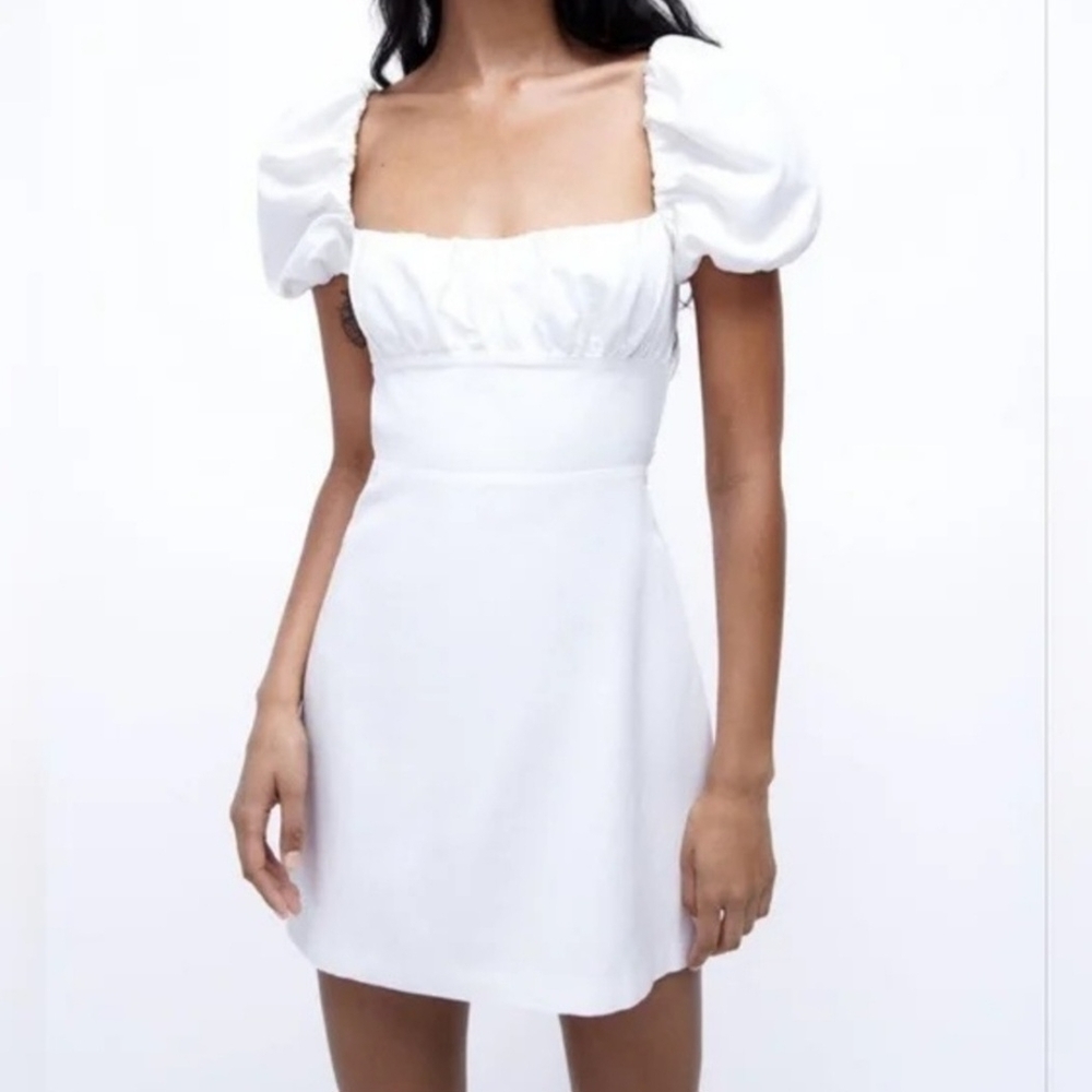 Zara White Puff Sleeve Mini Dress